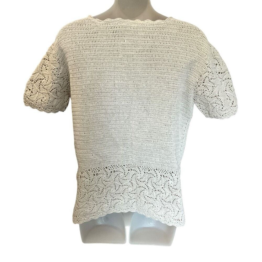 Signature Expressions Top Tan Ivory Crochet Short Sleeve Blouse Size Small - Picture 2 of 10